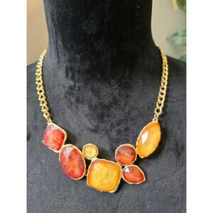 Women's Gold Chain Necklace With Amber Red Stones And Lobster Clasp Lock